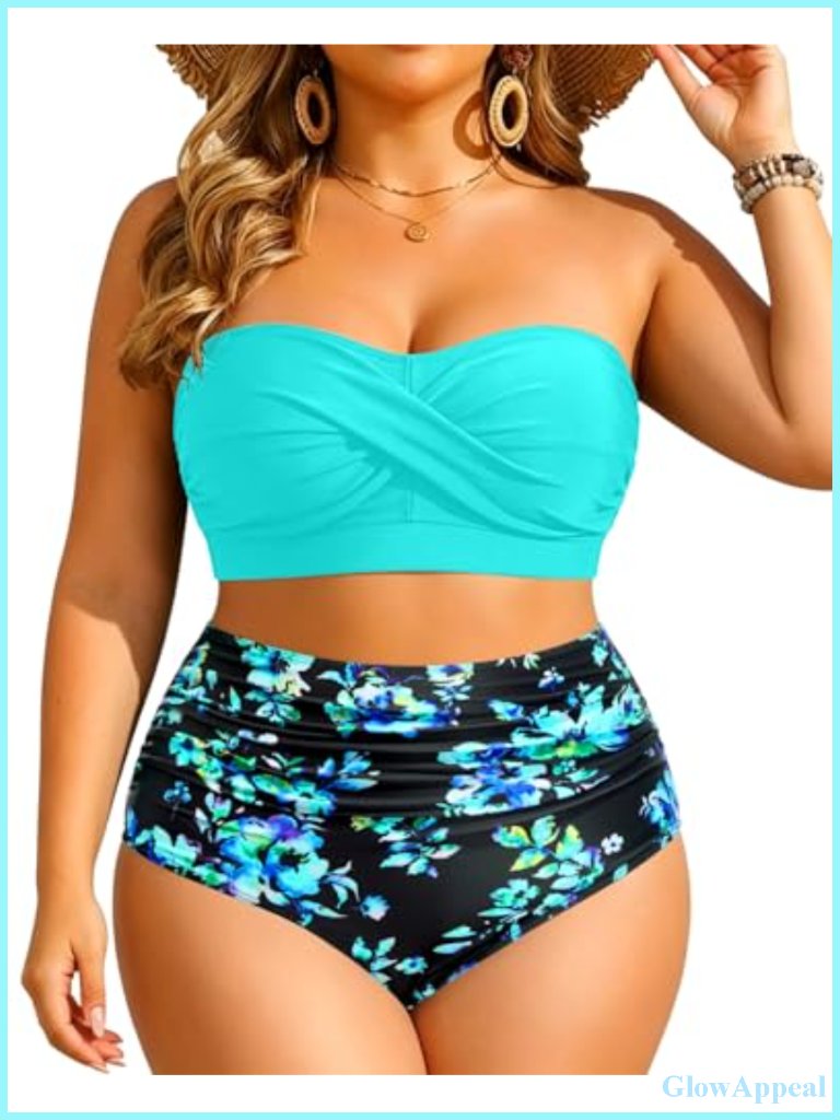 Plus Size Two Piece Bandeau Bikini With Tummy Control High Waist Bottom